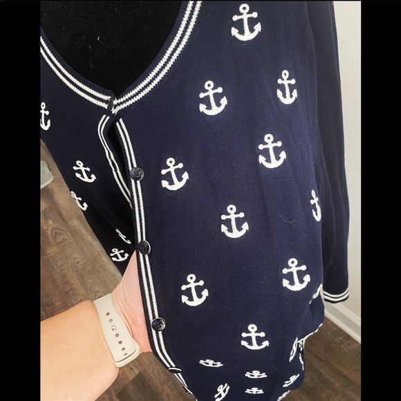 Talbots Navy Blue and White Anchor Cardigan - Picture 2 of 9